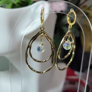 GOLD LAYERED DROP EARRINGS WITH FACETED CRYSTAL HANGING CENTER. HAND CRAFTED 3"